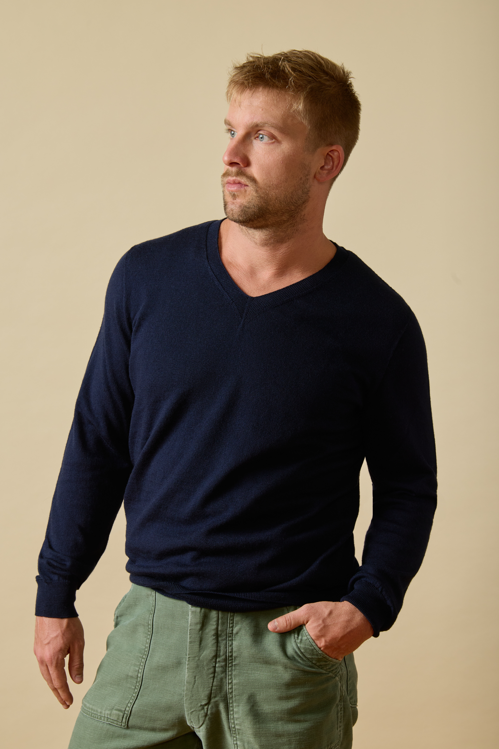 Man wearing Merino wool V neck sweater
