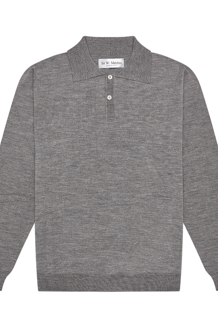 A long sleeve polo shirt in grey, with a collar and button placket, made from merino wool.