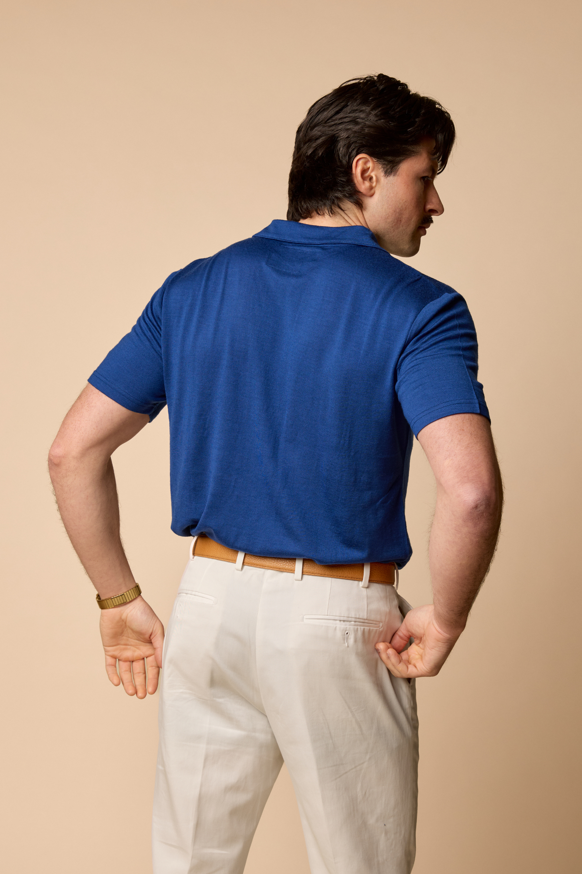 Sir W. Merino George polo in Royal Blue, back view, showing tagless construction