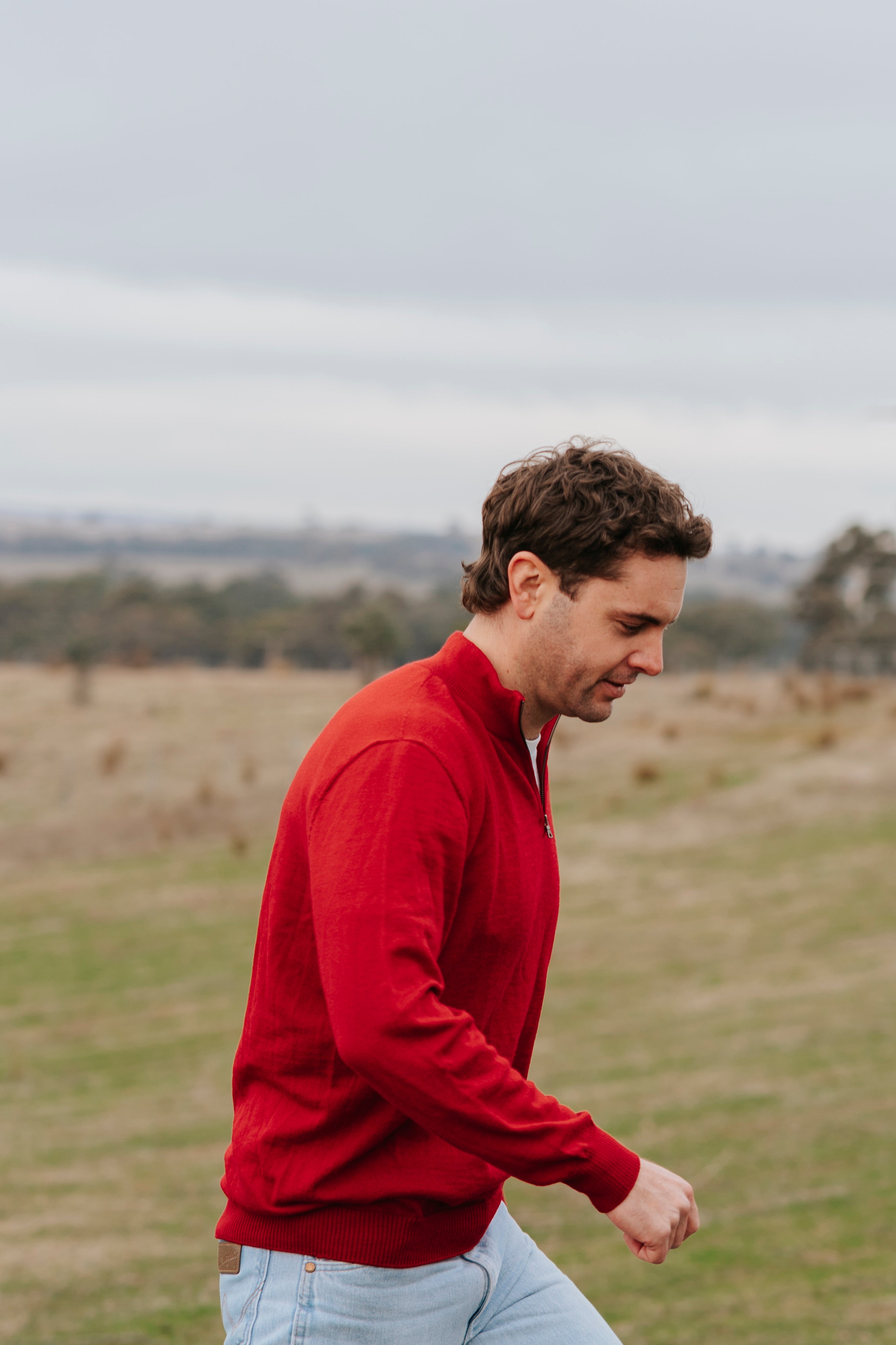 man wearing Red Merino wool sweater