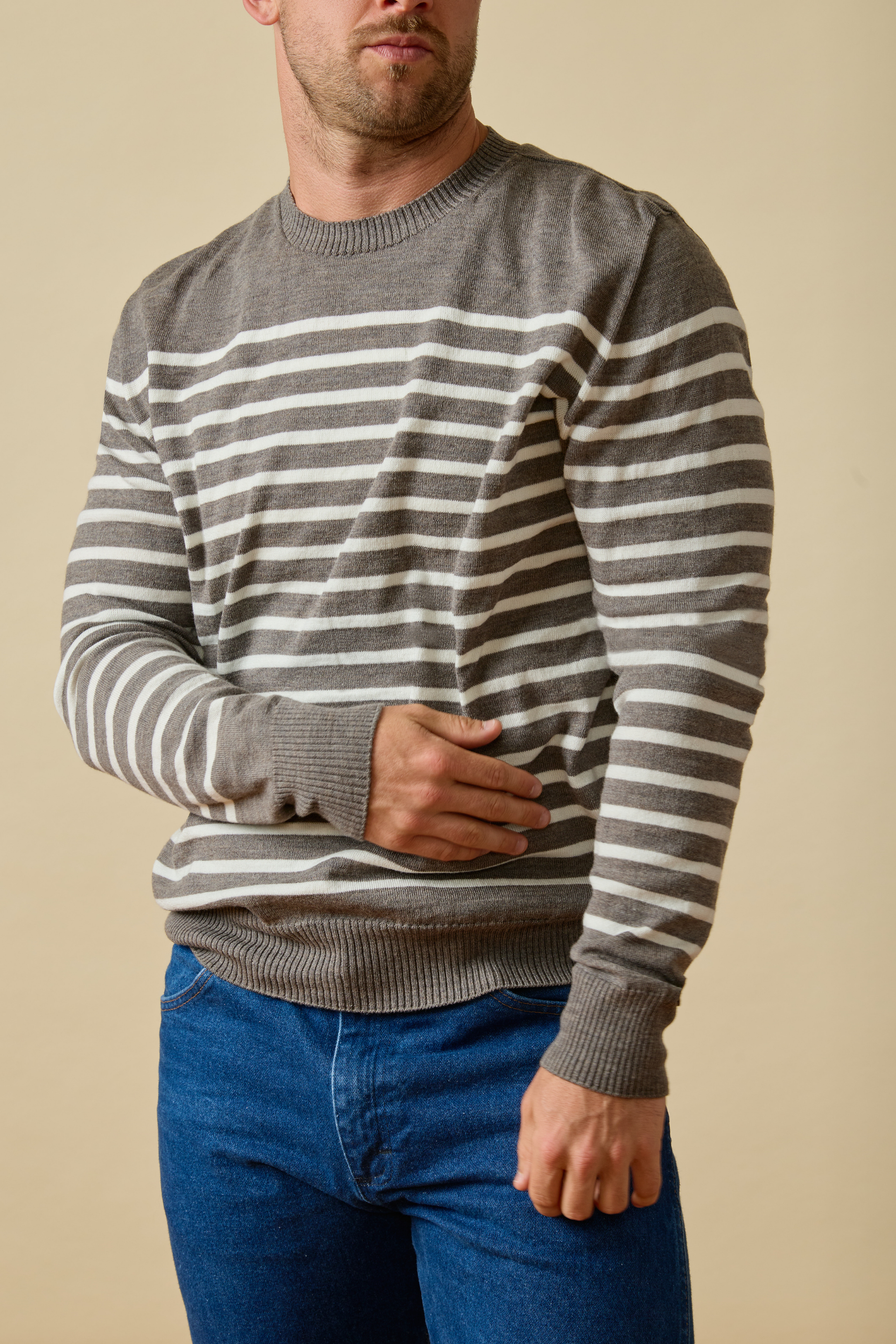 Merino Nautical Stripe Sweater- Beaver & White