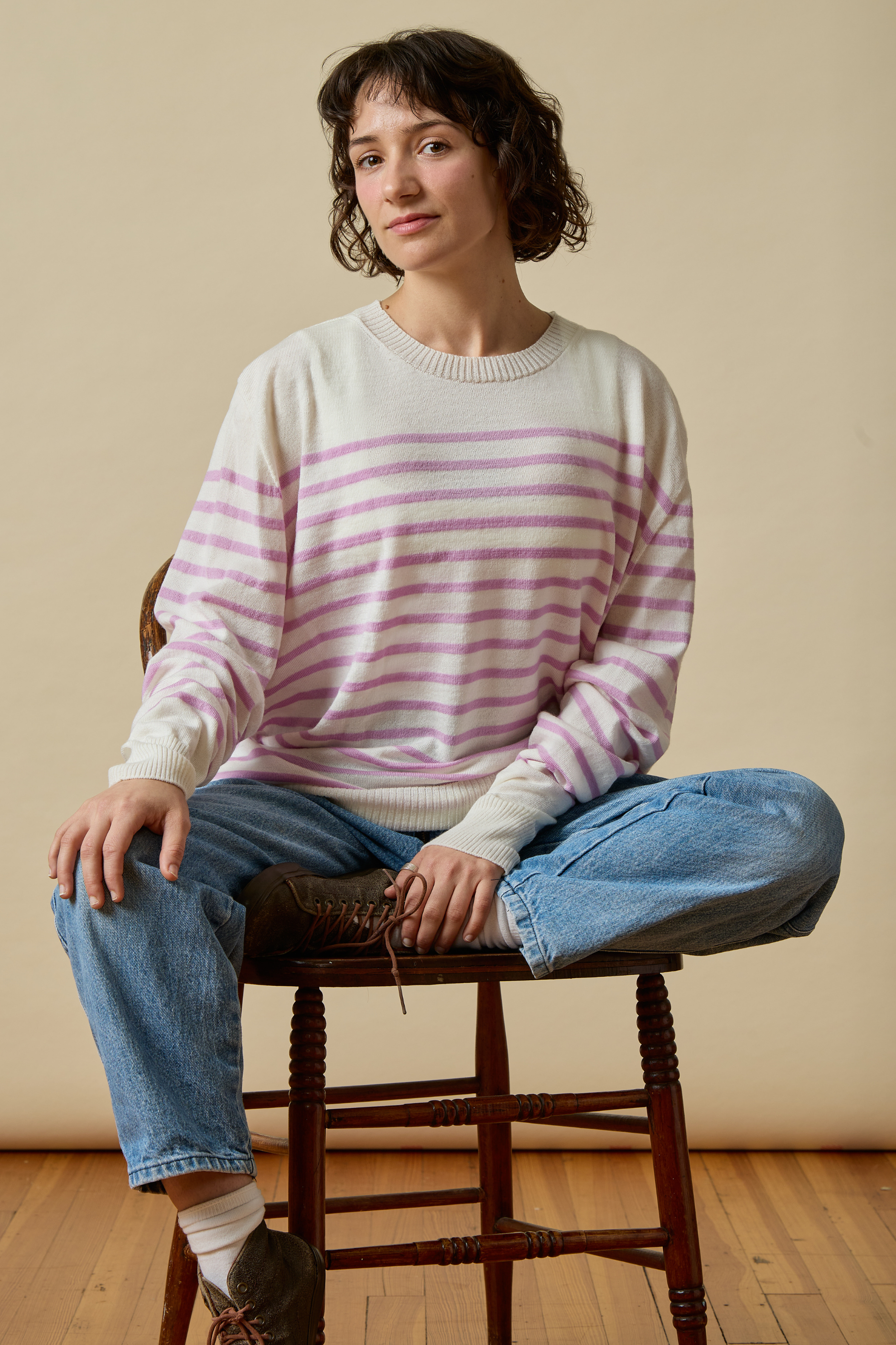 Merino Nautical Stripe Sweater- White & Pink