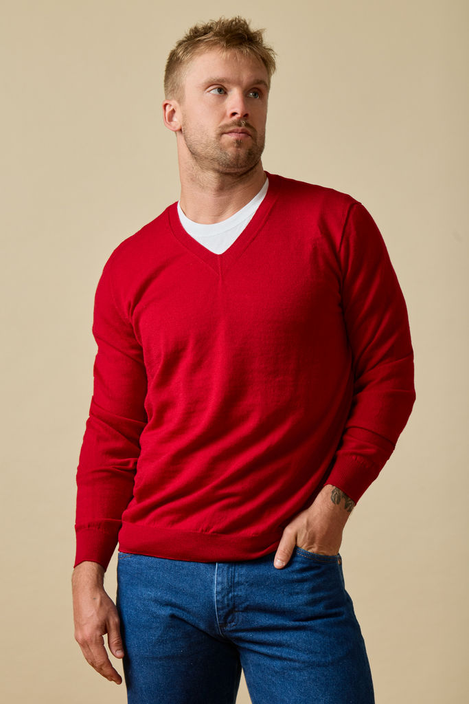 Man wearing Merino wool V neck