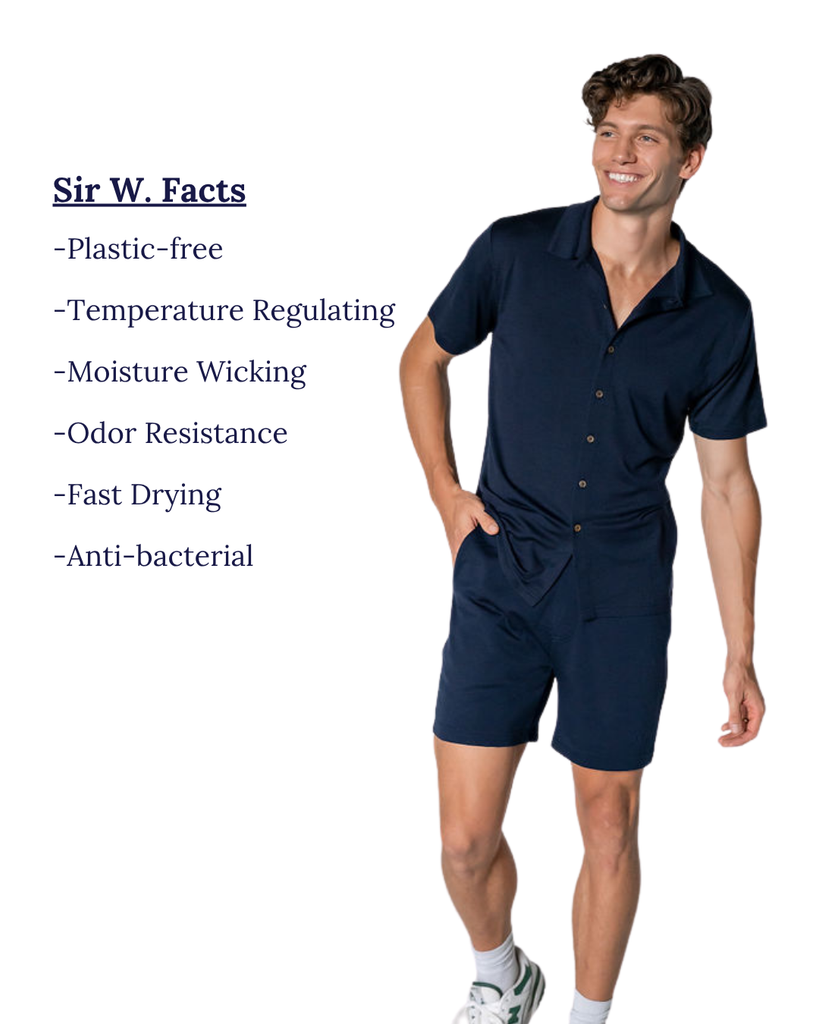 Man wearing a navy blue outfit with text listing features on a white background