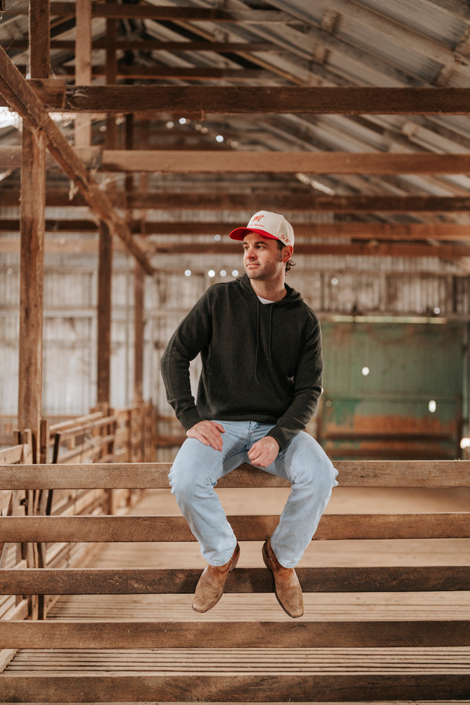 Man wearing Dark Green Merino Wool Hoodie