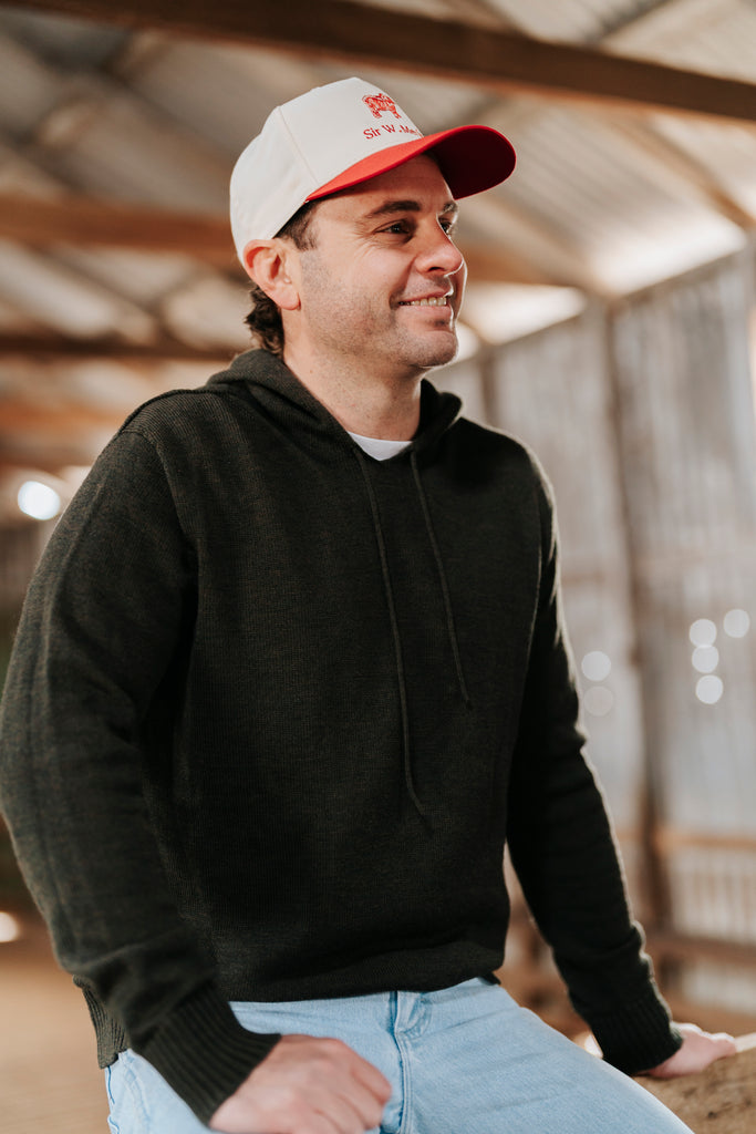 Man wearing Dark Green Merino Wool Hoodie