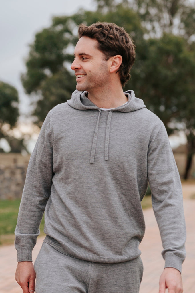 Man in grey Merino wool sweater