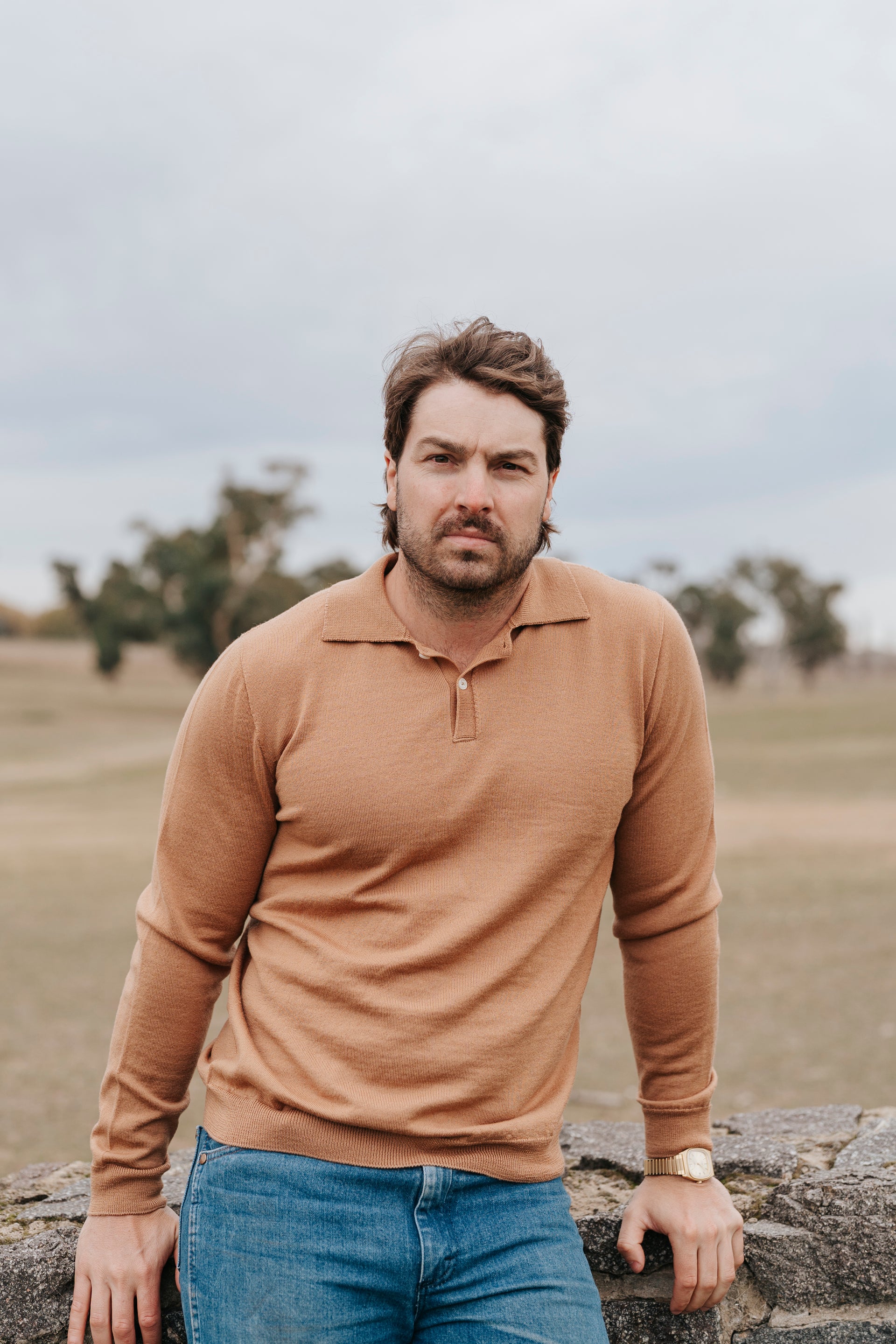 Merino Long Sleeve Polo- Buck Brown