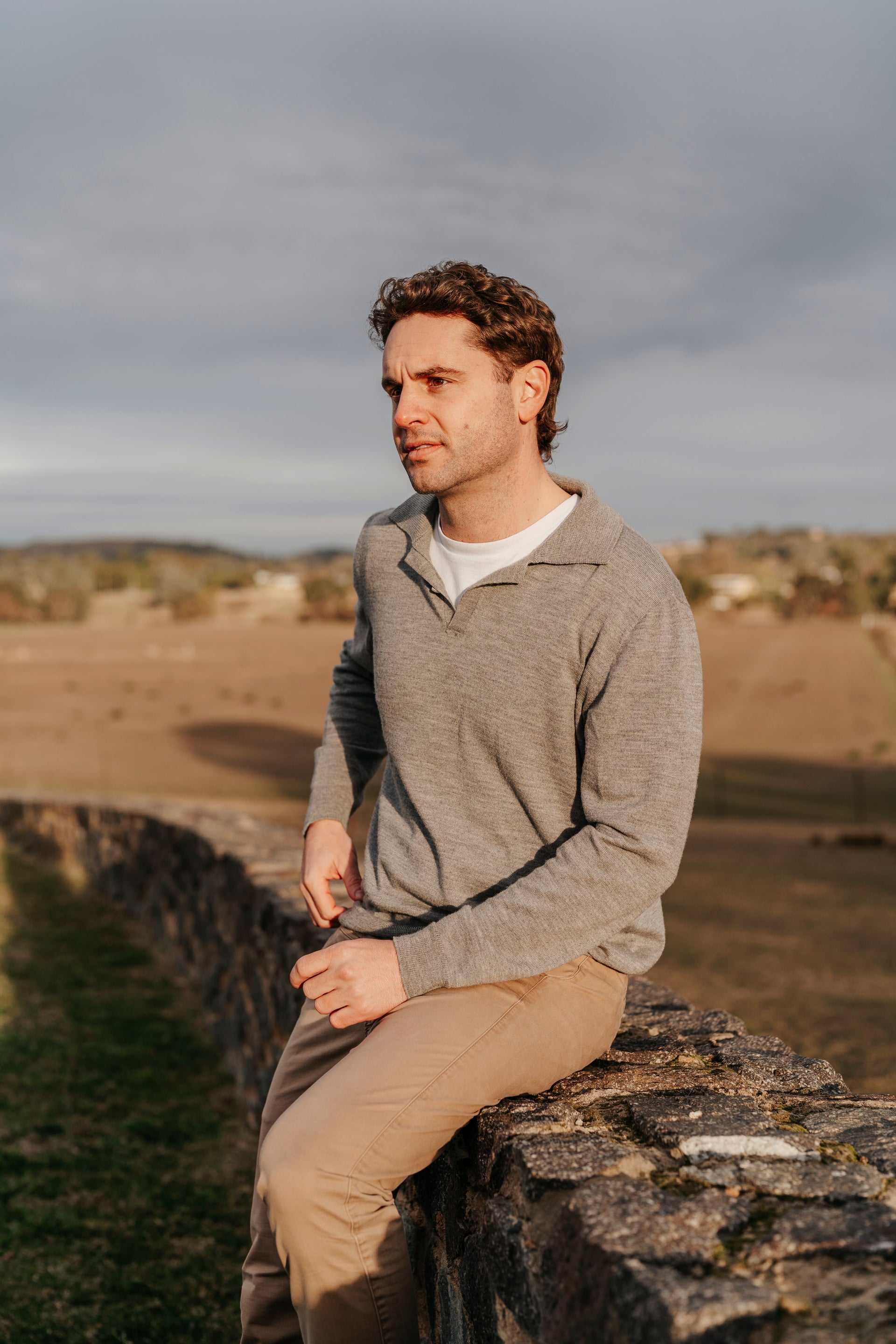 Merino Long Sleeve Polo- Grey